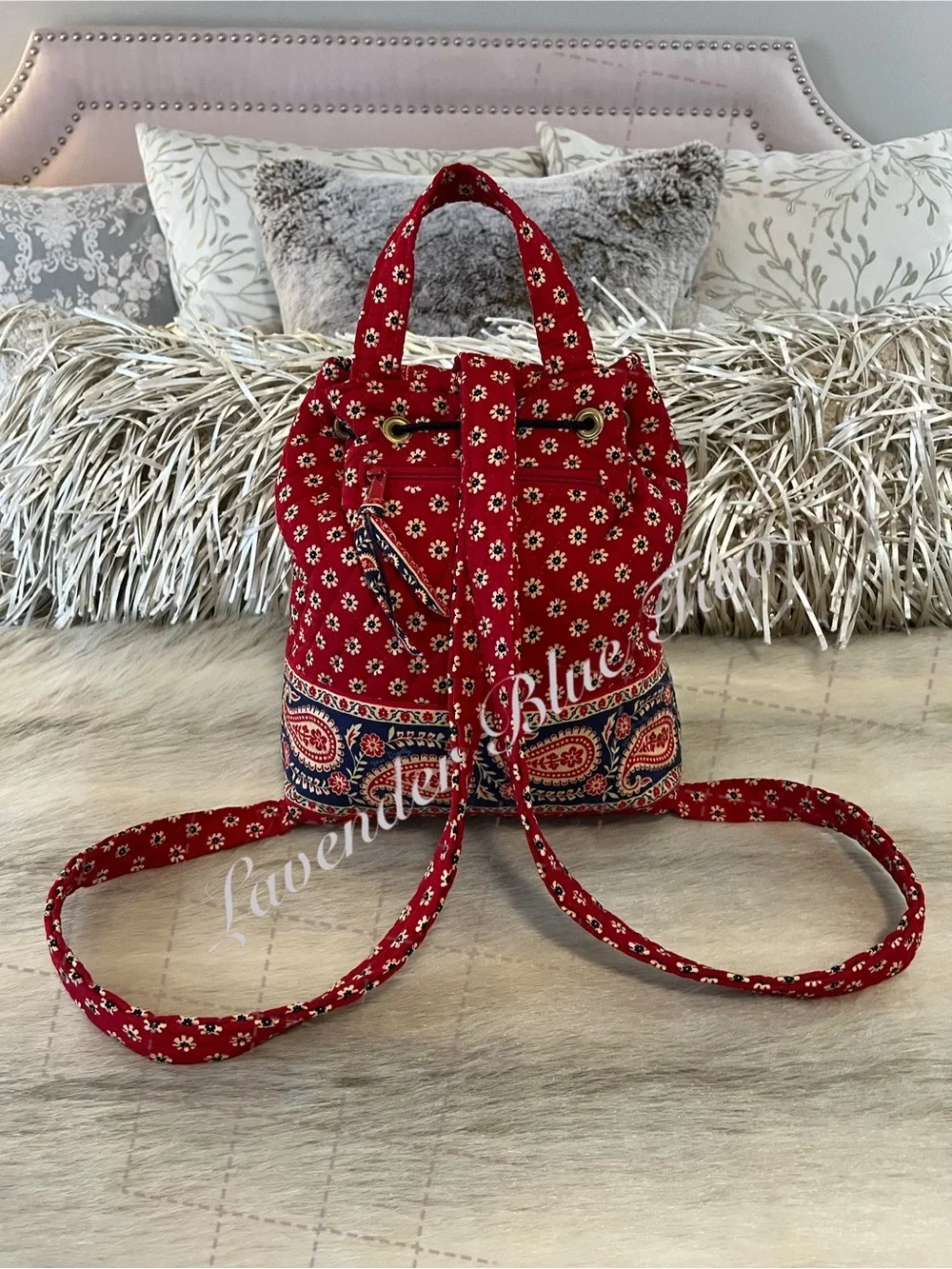 Vintage VERA BRADLEY Americana 2003 Mimi Flap Backpack USA Red Blue Paisley Y2K